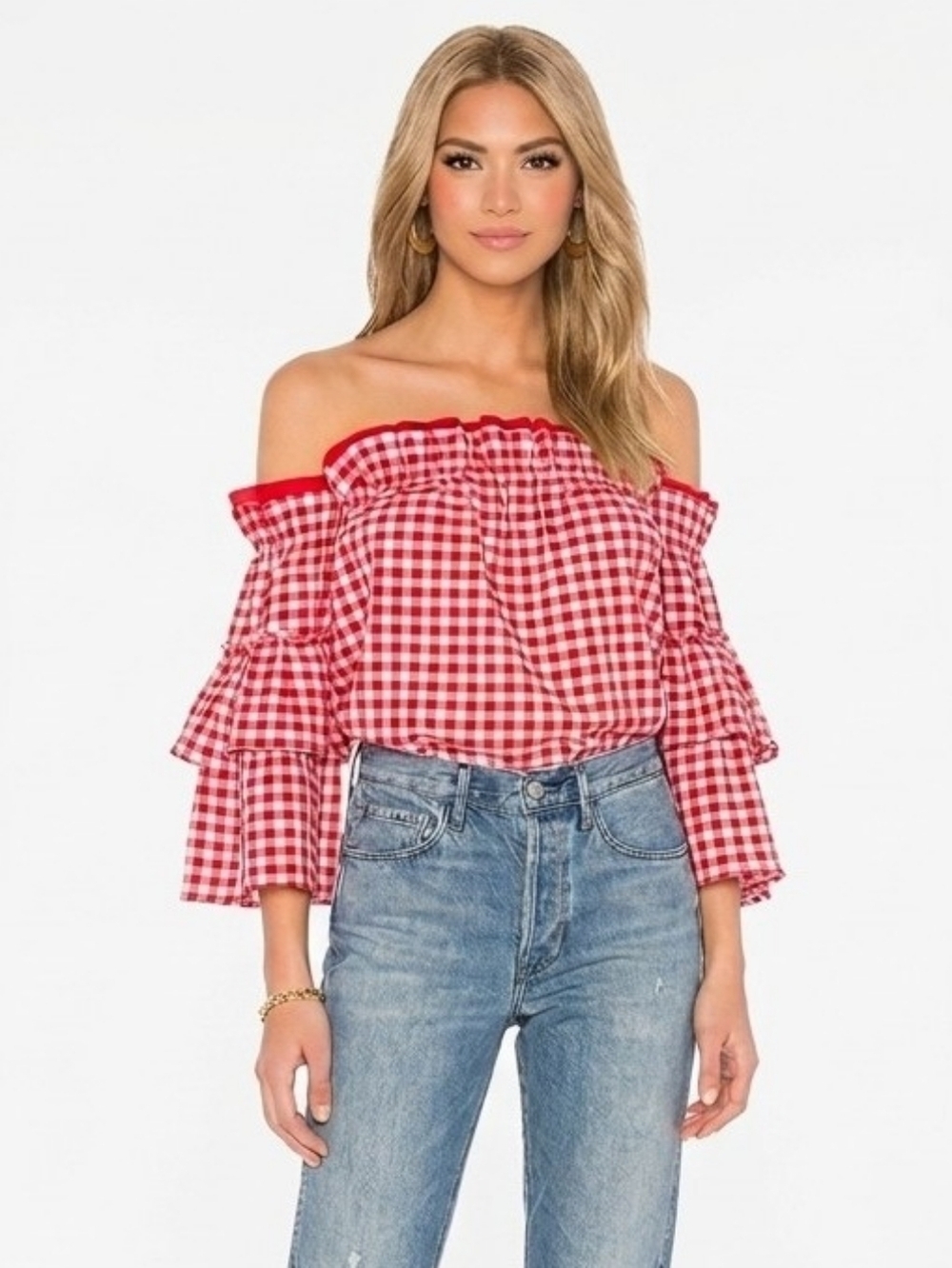 Misa Los Angeles Sabina Off-The-Shoulder Red & White Checker Gingham Top - Smal